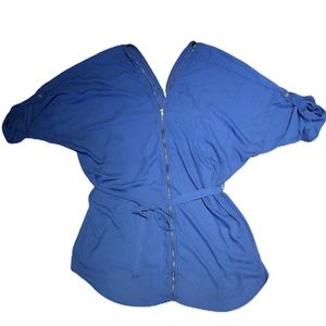 Dressy Blue Zip Up Tunic Belted Pocket Blouse